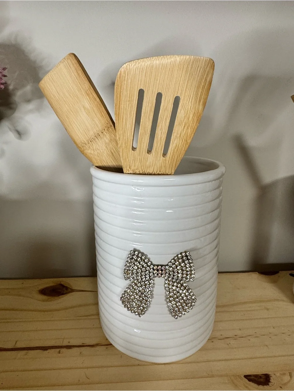 Ceramic Utensil Holder with Crystal Bow - White Handmade Bling